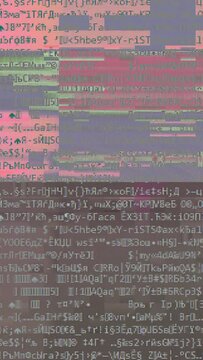 Vertical video. Data error. Digital glitch. Computer virus. Colorful pixel noise distortion artifacts on encryption text texture abstract background.