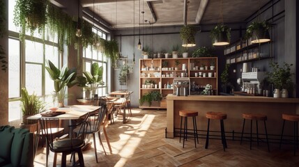 Fototapeta na wymiar Cozy urban scandinavian style speciality coffee house interior, AI-generated 