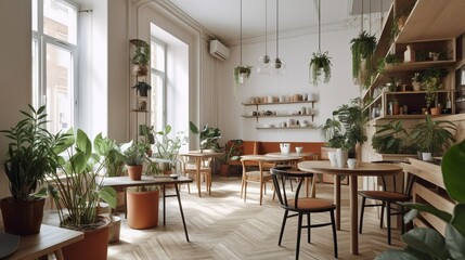 Fototapeta na wymiar Bohemian and scandinavian style urban coffee house interior with plants and wooden furniture, AI generated