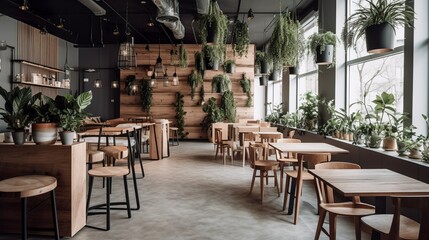 Scandinavian and bohemian style cafe interior with plants, AI generated 