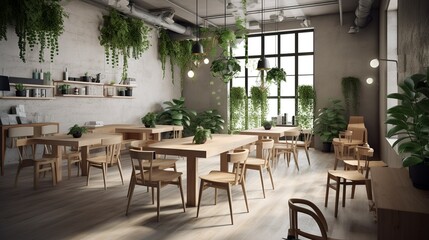 Cozy contemporary coffee house interior with plants  and wooden furniture, AI generated 