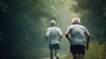 Active older mens running outdoors, heart attack. Generative AI