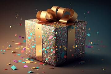Gift box with golden satin ribbon and bow on dark background with confetti sequins. New year party and christmas eve celebration. Happy holidays. Realistic present design 3D Illustration generative AI