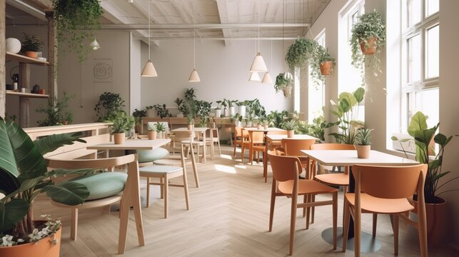 Scandinavian and bohemian style hygge vibe coffee house interior, AI generated 