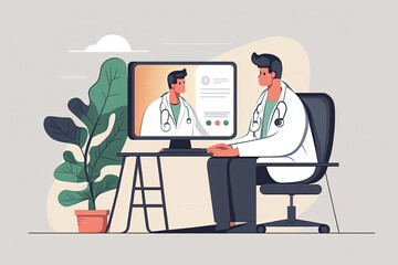 Doctor checks the medical recordson computer, consults with colleagues to provide a comprehensive treatment plan for patient. Cartoon illustration generative AI