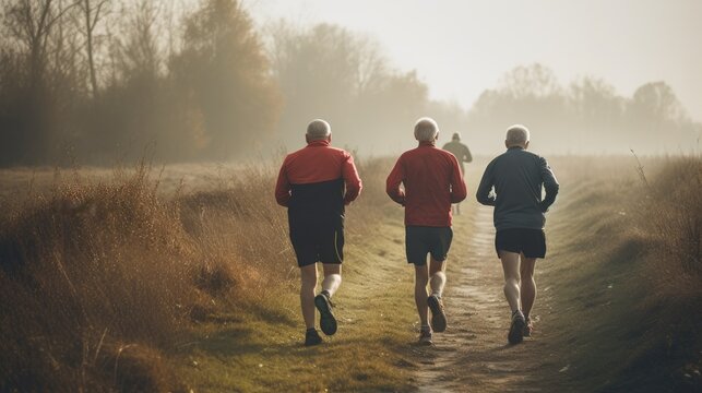 Active older mens running outdoors. Generative AI