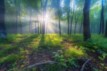 Obraz premium Beautiful deep forest scene. Light beam in woodland. Forest wood background. Generative AI.