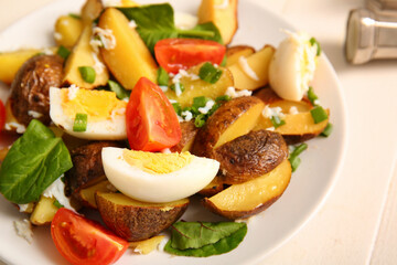 Fototapeta na wymiar Plate of tasty potato salad with eggs and tomatoes on light background, closeup