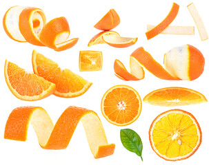 Collection of orange fruit, slices and orange peeled skin isolated on a white background