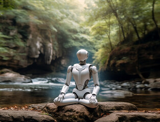 Robot meditation on nature generate in AI