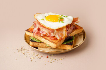 Delicious sandwich with fried egg and bacon on beige background