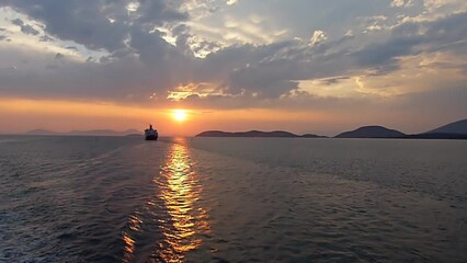 Sunset sea. The ship sails the waves during sunset. Slow motion.