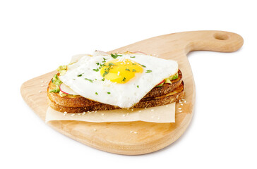 Delicious sandwich with fried egg on white background