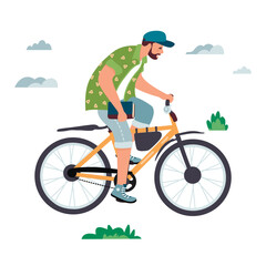 Fototapeta premium Smiling young man rides a bike in summer.Male character in a printed shirt, shorts, sneakers and a cap. The guy is holding a book in his hands.Cartoon vector flat style illustration isolated on white 
