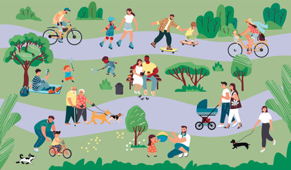 Summer park with people relaxing with children and walking with dogs. Happy families have fun together. Cyclists, skateboarders, roller skating, readers and kids playing.Vector flat illustration.
