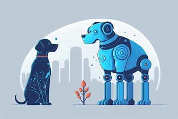 robotic dog and a mechanical robot sitting together in a futuristic setting. Generative AI