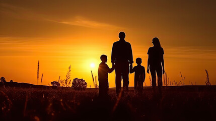 Silhouette einer Familie bei Sonnenuntergang (Generative AI)