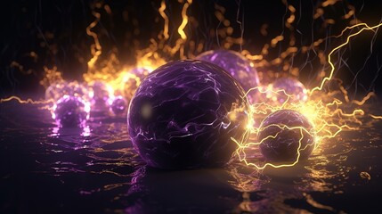 Image of lightning bolts forming a ball, sparkling purple and yellow flashes of a lightning strike. Generative AI