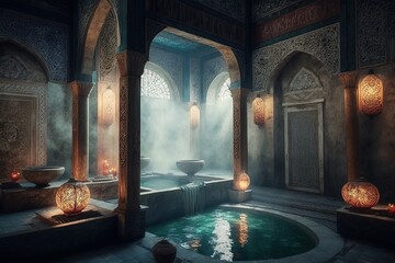 Fantasy Turkish palace interior. Interior Turkish bath, frescoes on the walls, baths, oriental lanterns. Generative AI - obrazy, fototapety, plakaty