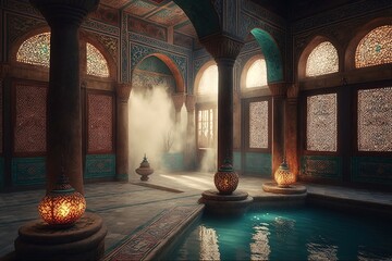 Fantasy Turkish palace interior. Interior Turkish bath, frescoes on the walls, baths, oriental lanterns. Generative AI - obrazy, fototapety, plakaty