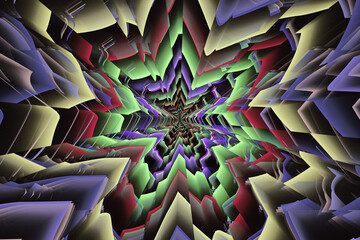 Multicolored broken pattern of crooked waves on a black background. Abstract fractal 3D rendering