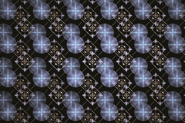 Purple double checkered pattern of circles and squares on a black background. Abstract fractal 3D rendering