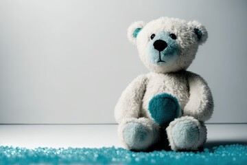 cute teddy bear sitting on a blue carpet with a peaceful expression. Generative AI