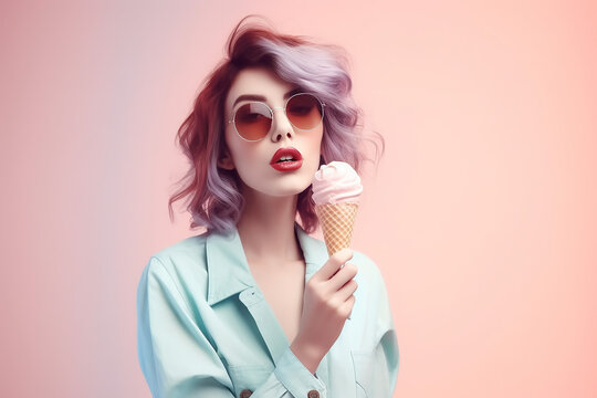 Woman eating ice cream in waffle cone, fictitious person. AI generated image