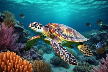 Fototapeta na wymiar Turtle underwater swim. Generate Ai