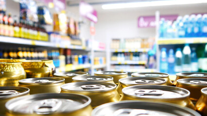 Close-up of many golden cans of beer on a supermarket shelf