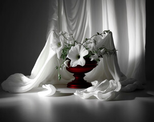 white flowers in a red vase, generative ai