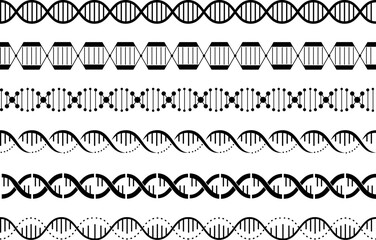 Fototapeta premium Dna spirals seamless pattern. Genetics helix borders, gene chains graphic elements. Simple biological waves, genes structures decent vector set