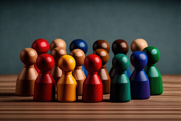 Wooden pawns representing the concept of diversity and inclusion in society. Colored figures on a wooden desk. Close-up shot. Generative AI - obrazy, fototapety, plakaty