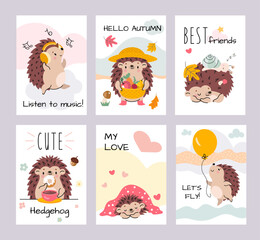 Hedgehog printable cards. Cute cartoon hedgehogs sleep, in love and welcome autumn. Woodland baby creatures, animals nowaday vector posters
