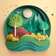 Paper art of green nature and earth day concept background template.Ecology and environment conservation concept.Vector illustration. AI Generation