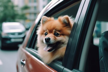 illustration, a cute dog hanging its head from a moving car, ai generative