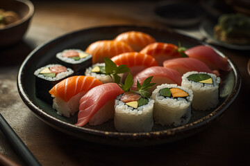 Plate of freshly prepared sushi rolls. Generative AI