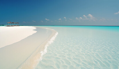 Beach in the Maldives with white coral sand in the blue lagoon. AI generated illustration.