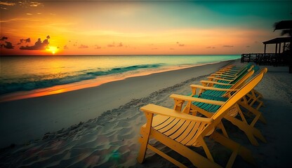 Tropical beach at sunset, sun loungers by the sea. AI generated