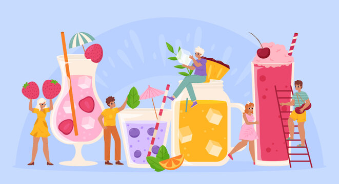 Summer drink party concept. Funny drinks, preparing cocktails with fruits and berries. Rafting lemonade, tiny cartoon young characters, snugly vector scene