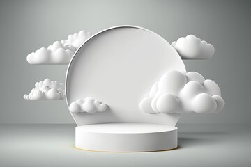 3D white background, short podium, with realistic cloud above round frame. Abstract minimal advertise. right dreamy landscape. generative ai