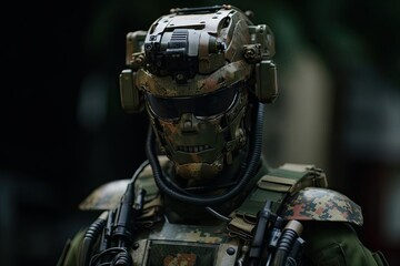 a soldier is partly a humanoid android robot artificial intelligence. Generative AI.