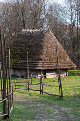 A wooden hut with a thatched roof and a fence in the background.