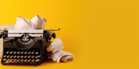 Vintage Typewriter with Crumpled Papers on Yellow Background - Generative AI