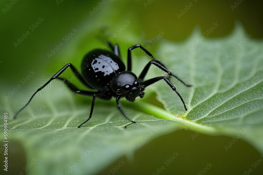 Canvas Prints black insect perched on a green leaf in extreme close-up. Generative AI