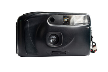 A retro 90s point-and-shoot camera in front of a white background. Old vintage black film camera...