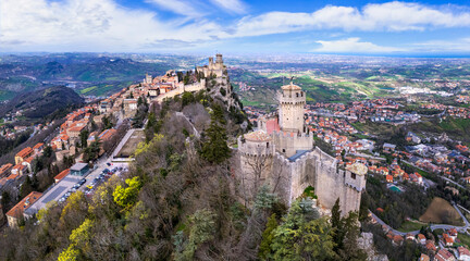 Fototapeta na wymiar San Marino aerial drone panoramic view of medieval town and two castles. Italy travel and landmarks