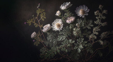 fantasy vintage wild flowers with soft tones natural moody and pastel, white, colors and leafs, branches background,generative ai.