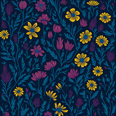 Naklejka na ściany i meble A Ditsy pattern on a black background with flowers and leaves, created by Generative AI