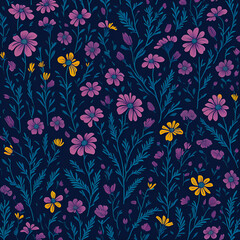 Fototapeta na wymiar A Ditsy pattern on a black background with flowers and leaves, created by Generative AI